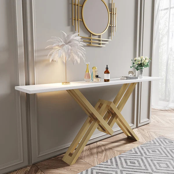 Black/White & Gold Narrow Console Table Accent Table For Entryway X Base & Metal in Small#White-L