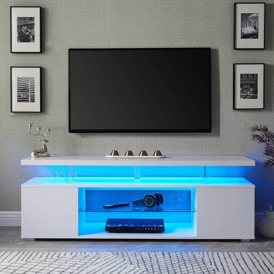 Meuble TV pour TV 70 pouces LED Centre de divertissement de jeu Table de console de stockage multimédia avec grande armoire latérale pour salon Blanc