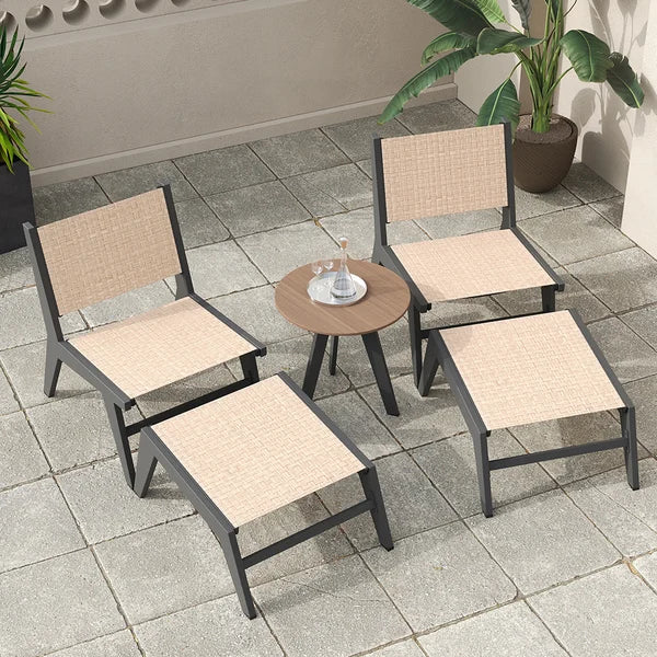5Pcs Rustic Rattan Aluminum Outdoor Patio Lounge Chair Set Round Coffee Table & Stool