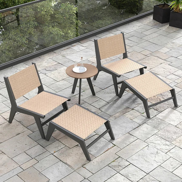 5Pcs Rustic Rattan Aluminum Outdoor Patio Lounge Chair Set Round Coffee Table & Stool