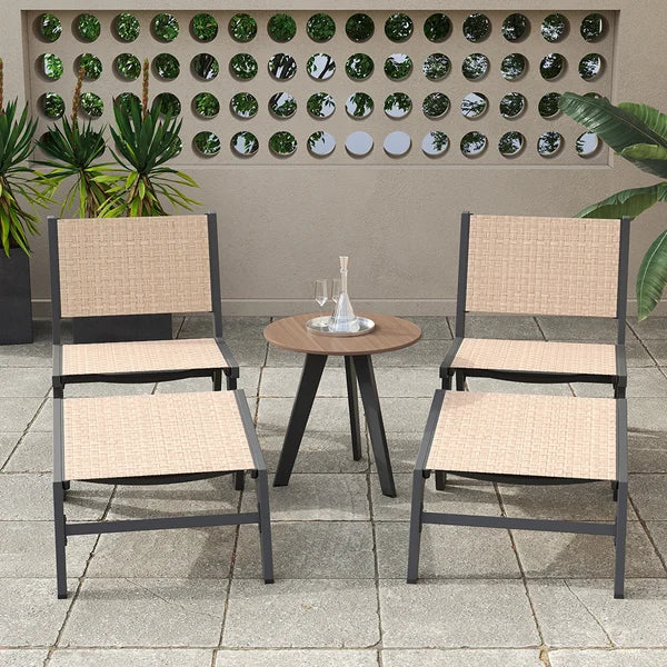 Ensemble de chaises longues de Patio extérieur en aluminium et rotin rustique, Table basse ronde et tabouret, 5 pièces