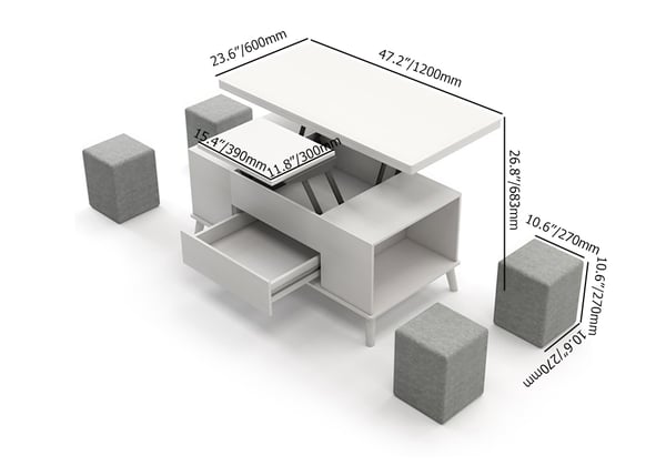 5 Pieces Lift Top Coffee Table Set with Storage Convertible Dining Table with Ottomans #White