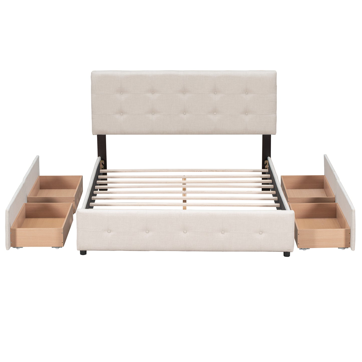 Lit plateforme rembourré avec tête de lit classique et 4 tiroirs, aucun sommier tapissier nécessaire, tissu en lin, Queen Size Beige