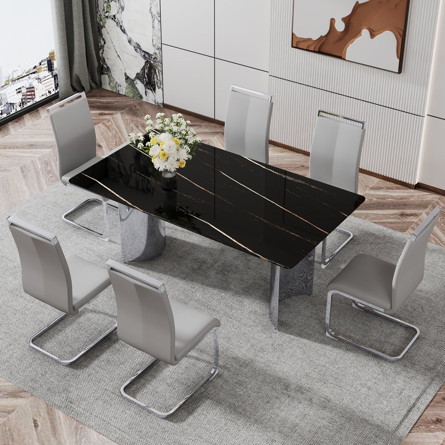 Modern minimalist dining table. The black imitation marble glass desktop is equipped with silver metal legs. Suitable for restaurants and living rooms 71 "* 39.3" * 29.5 "DT-69