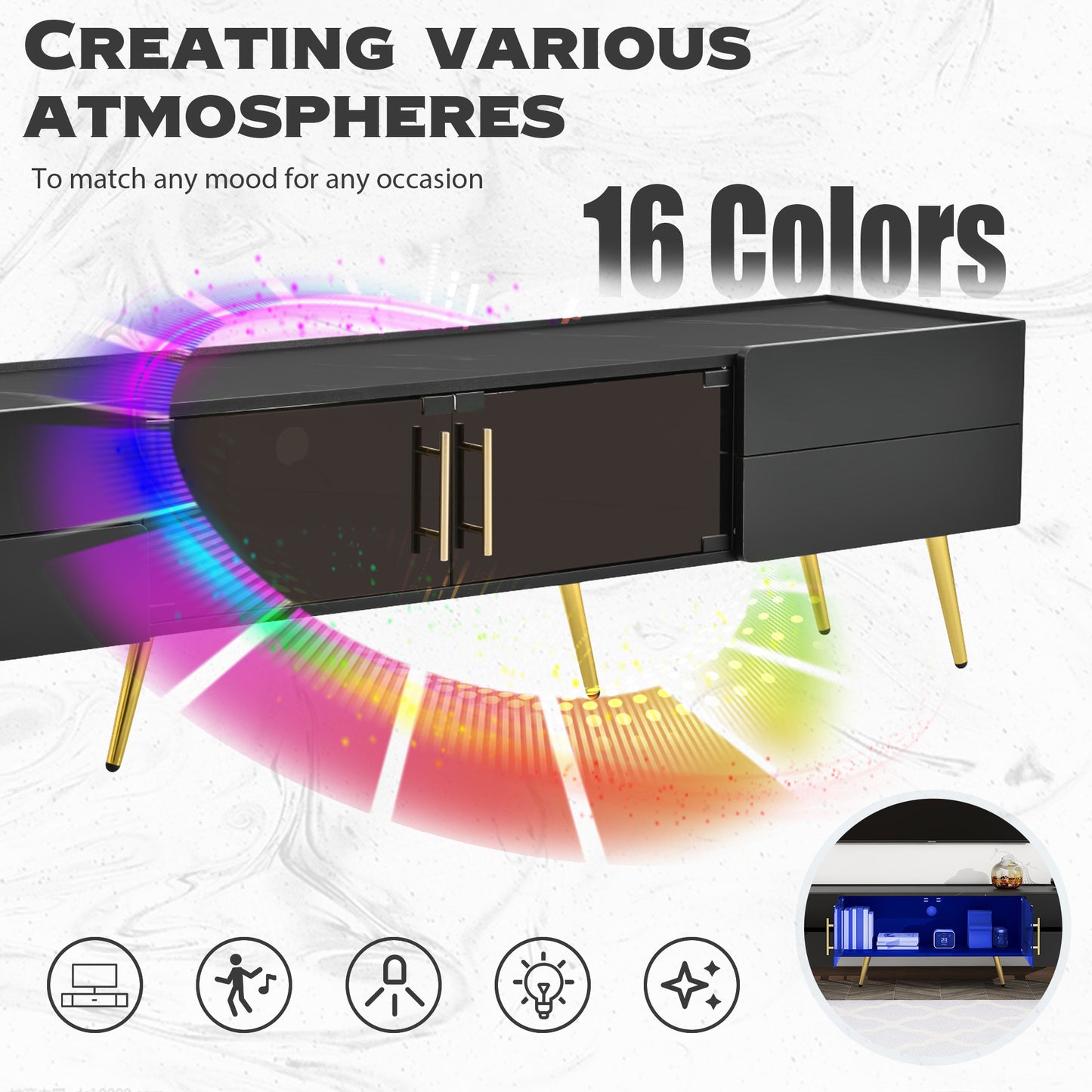 U-Can Modern TV Stand with LED lights for TVs up to 80 Inches, Entertainment Center with 4 Drawers and 1 Cabinet with Brown Glass Door, Media Console with Metal Legs and Handles for Living room