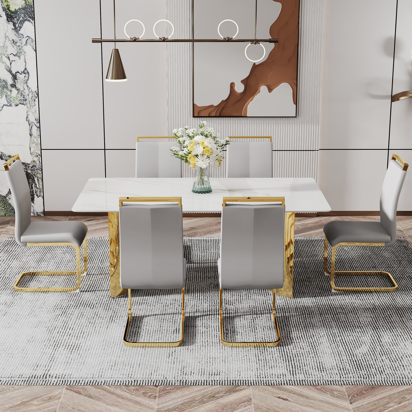 Stylish 71" Minimalist Dining Table with White Imitation Marble Glass Surface and Gold Metal Legs - Ideal for Dining Areas and Living Spaces