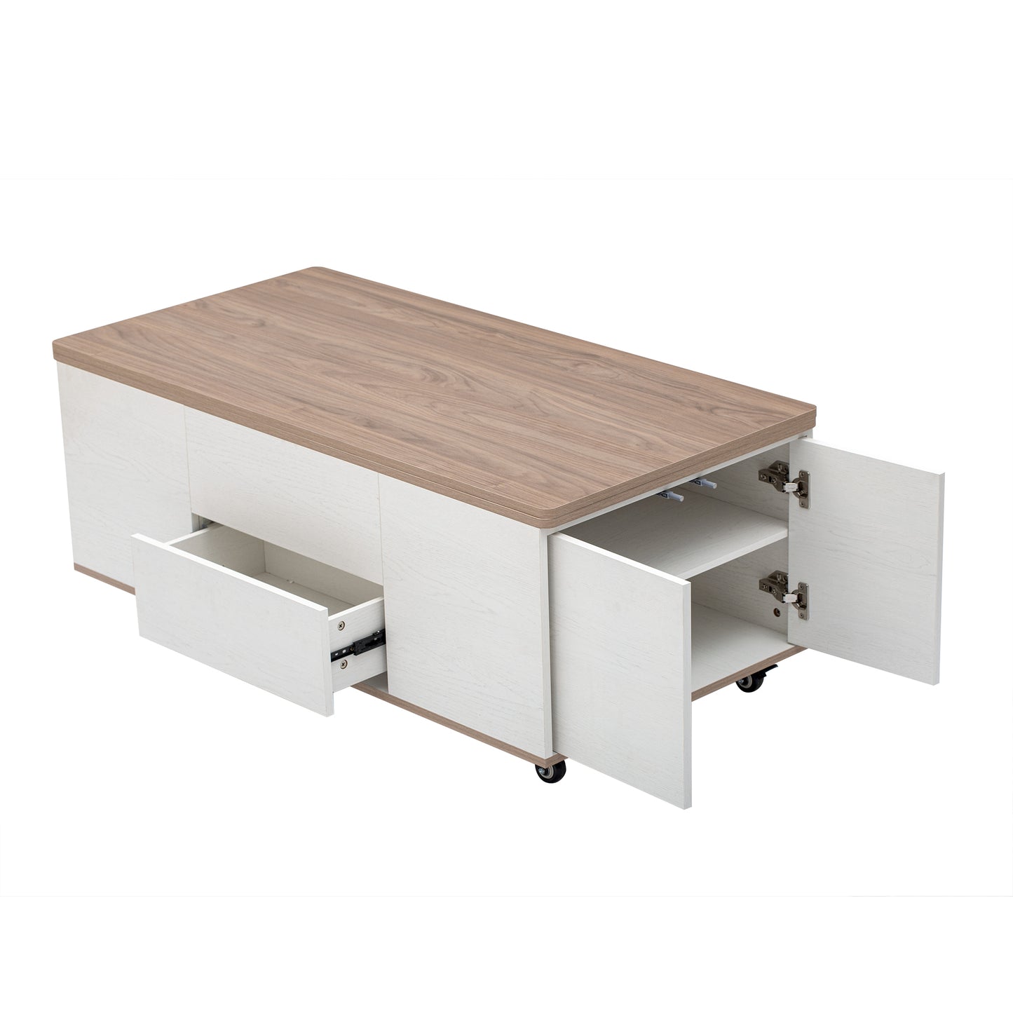 Modern Walnut & White Lift Top Coffee Table Multifunctional Table with Drawers & Shelves