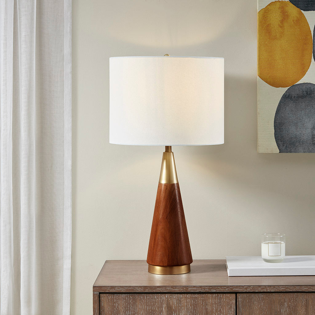 Mid-Century Table Lamp: Triangular Design with Espresso Wood Grain Finish and Metal Accents