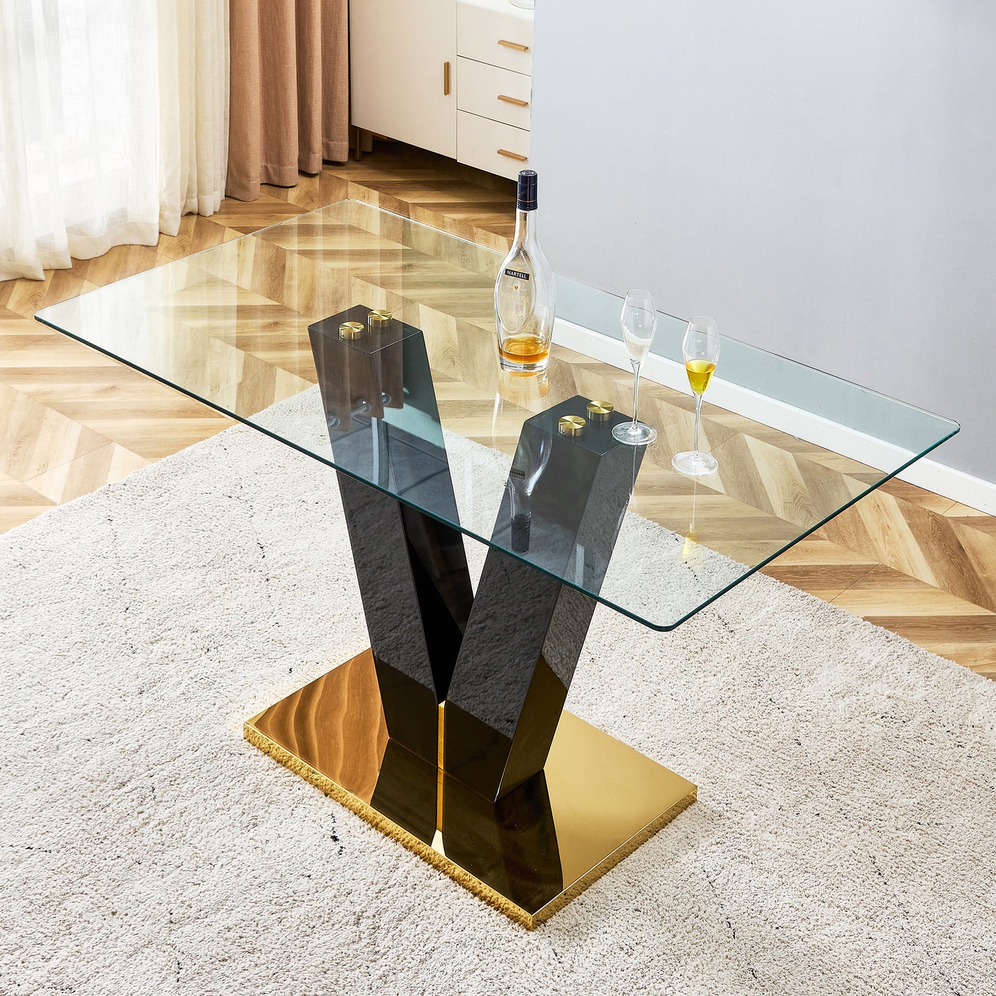 Large Modern Minimalist Rectangular Glass Dining Table for 6-8 with 0.4" Tempered Glass Tabletop and MDF slab V-Shaped Bracket,For Kitchen Dining Living Meeting Room Banquet Hall  F-V