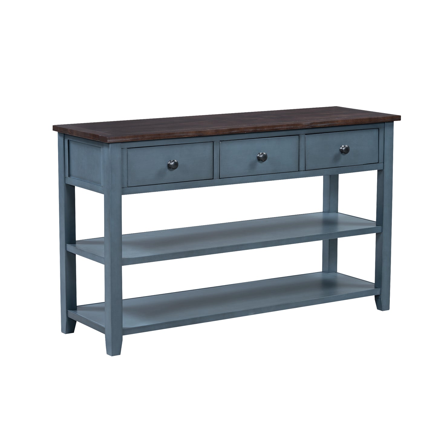 TREXM Retro Design Console Table with Two Open Shelves, Pine Solid Wood Frame and Legs for Living Room (Antique Navy+Espresso)