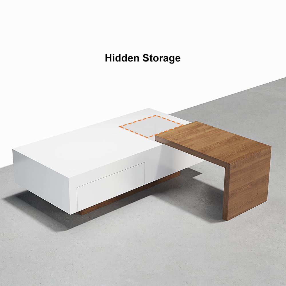 White & Natural Extendable Rectangle Coffee Table with Drawer & Sliding Storage