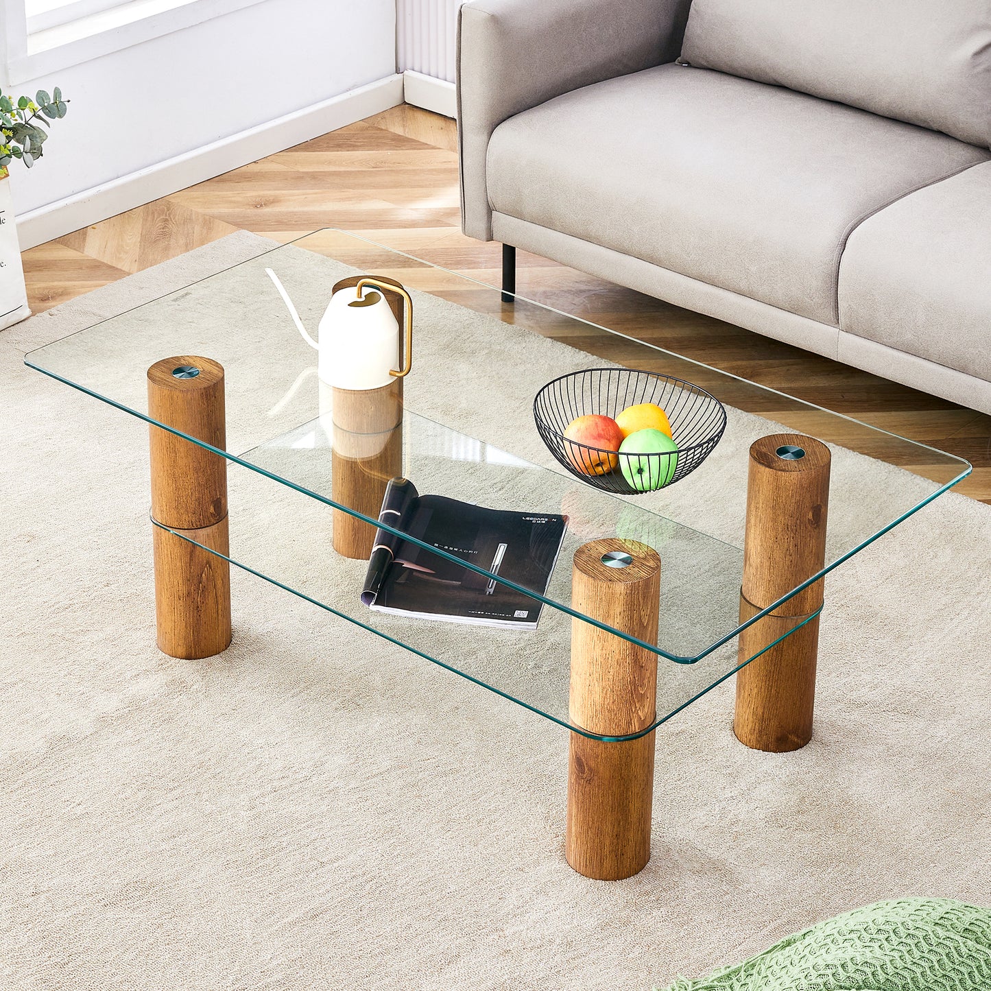 Modern Minimalist Double-Layer Transparent Tempered Glass Coffee Table with Wooden MDF Decorative Columns