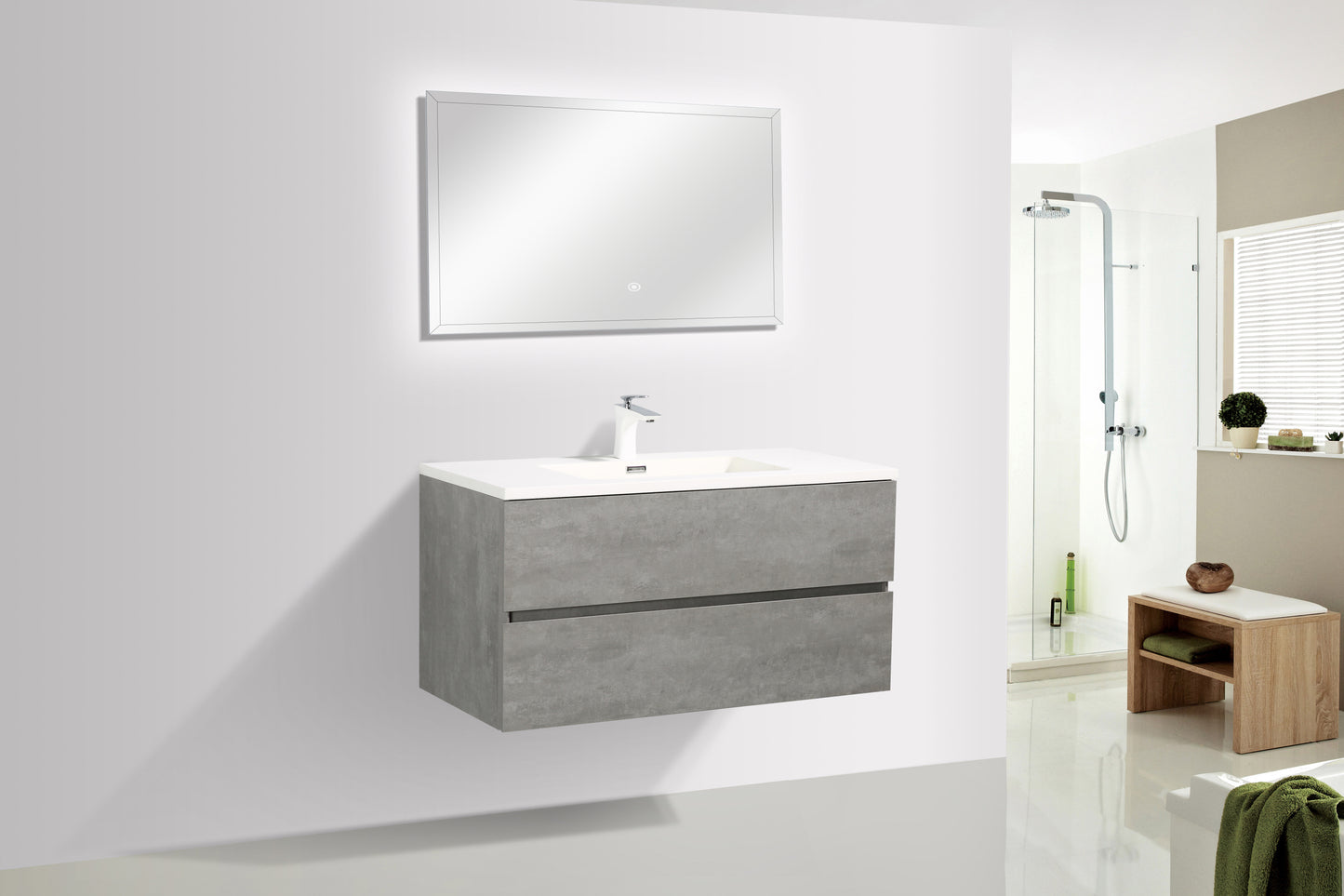 Meuble-lavabo simple mural 36 po en gris cendré avec dessus de meuble-lavabo blanc à surface solide