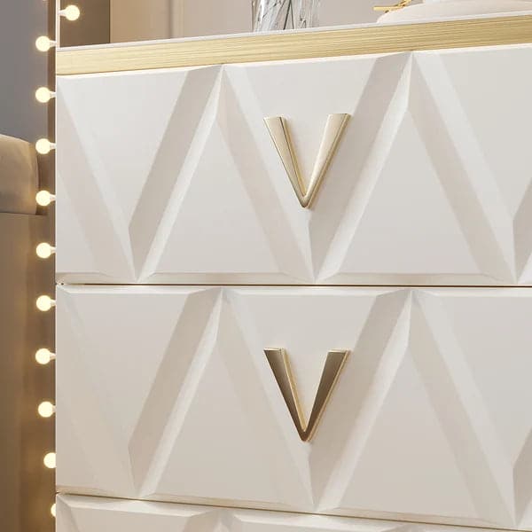 Nordic White Nightstand 3-Drawer V-Shaped Gold Pulls in Large