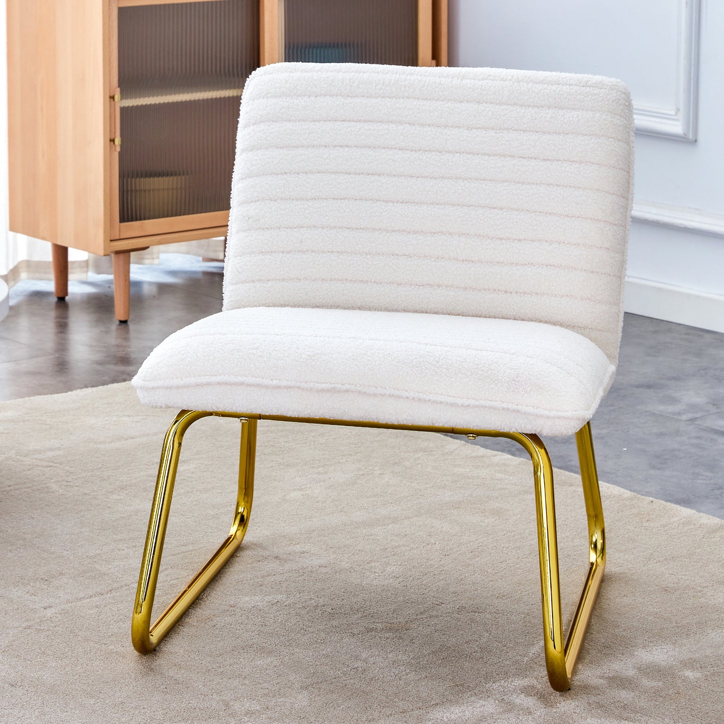 White Minimalist Armless Sofa Chair with Plush Cushion and Backrest - Elegant Design with Golden Metal Legs, Ideal for Offices, Restaurants, Kitchens, and Bedrooms