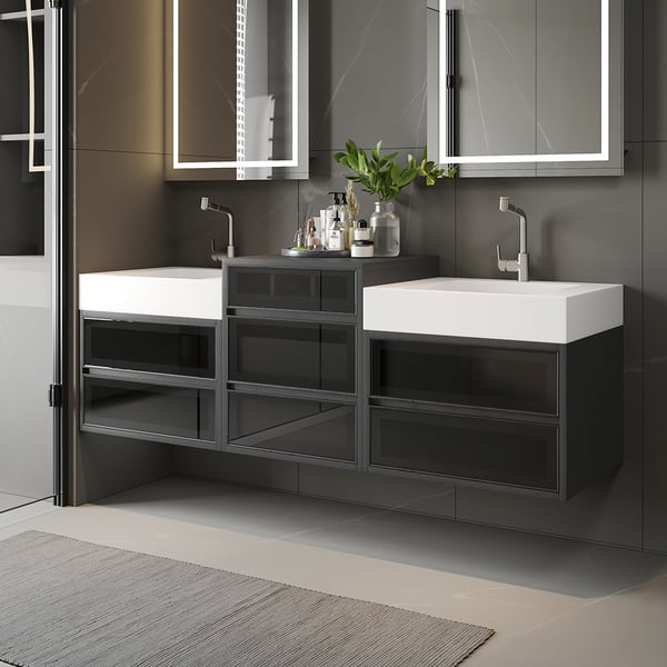 Meuble-lavabo double flottant de 67 po et tour centrale noire avec dessus en faux marbre