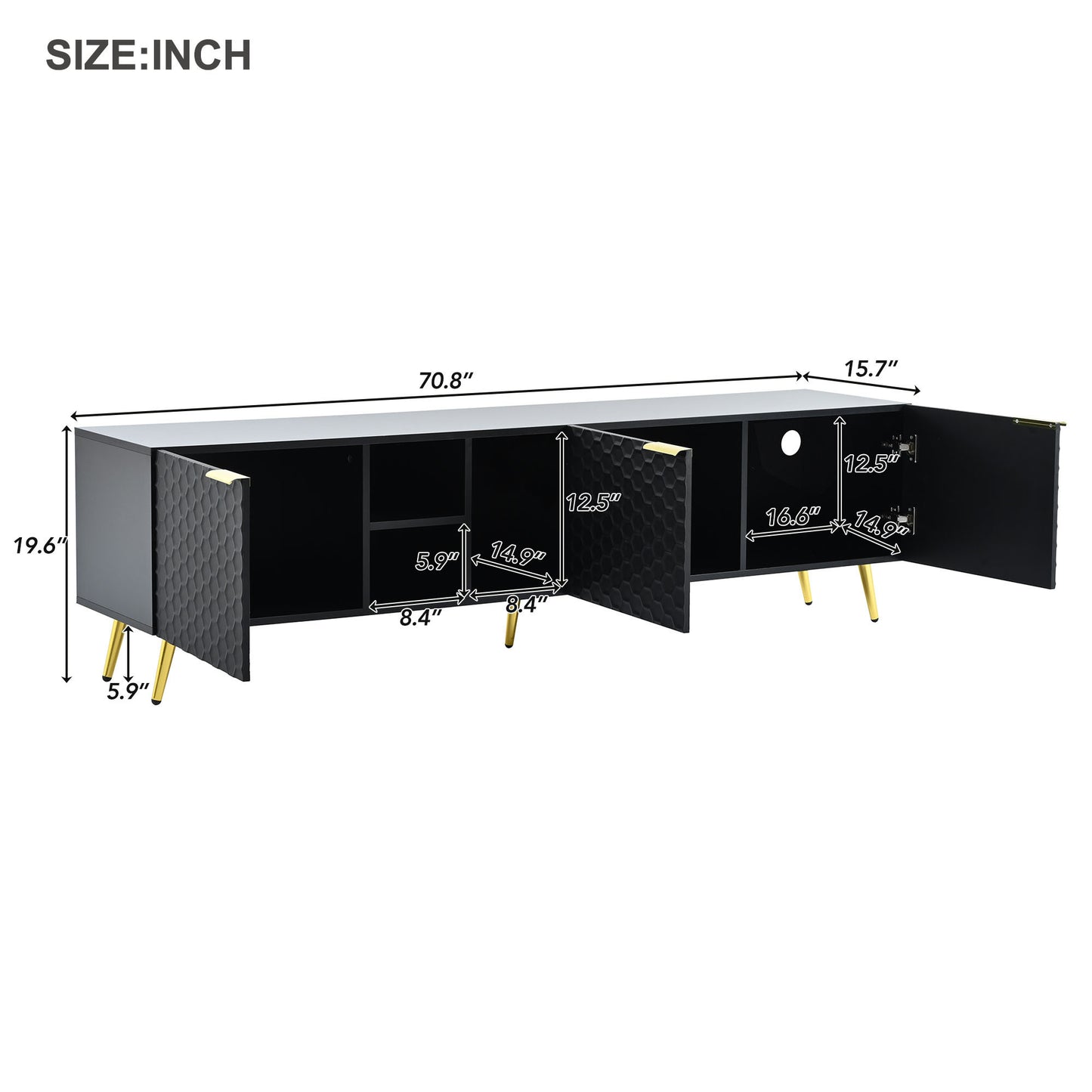 ON-TREND Modern Minimalist Geometric TV Cabinet with Metal Handles and Gold Legs for TVs Up to 80'', Multi-functional TV Stand with Storage Cabinets, Entertainment Center for Living Room, Black