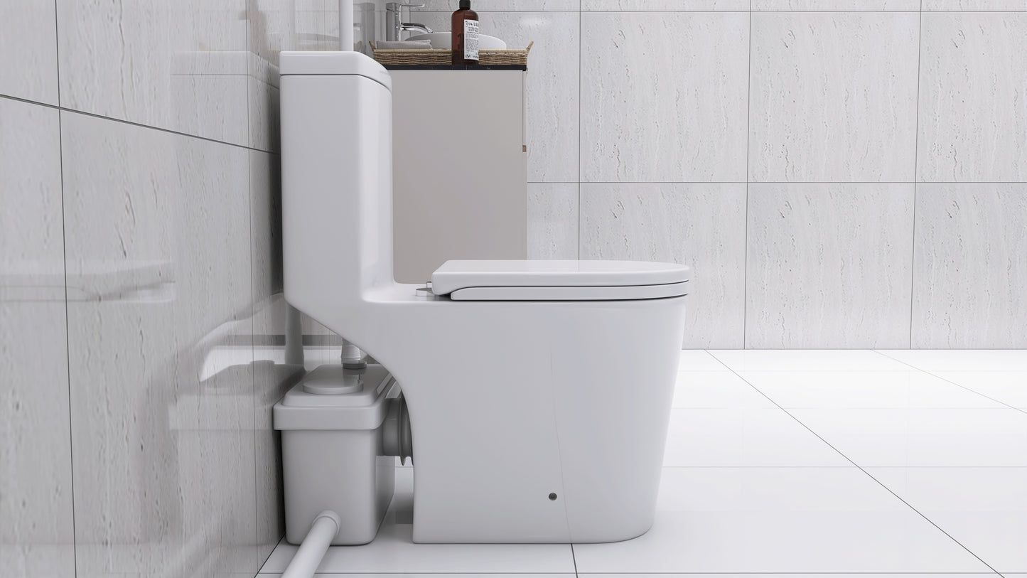 Upflush Toilet For Basement, 600W Macerating Toilet System With Powerful Dual Flush, Elongated 17.25 ADA Comfort, Soft-Close Seat, 3 Water Inlets Connect to Sink, Shower, White