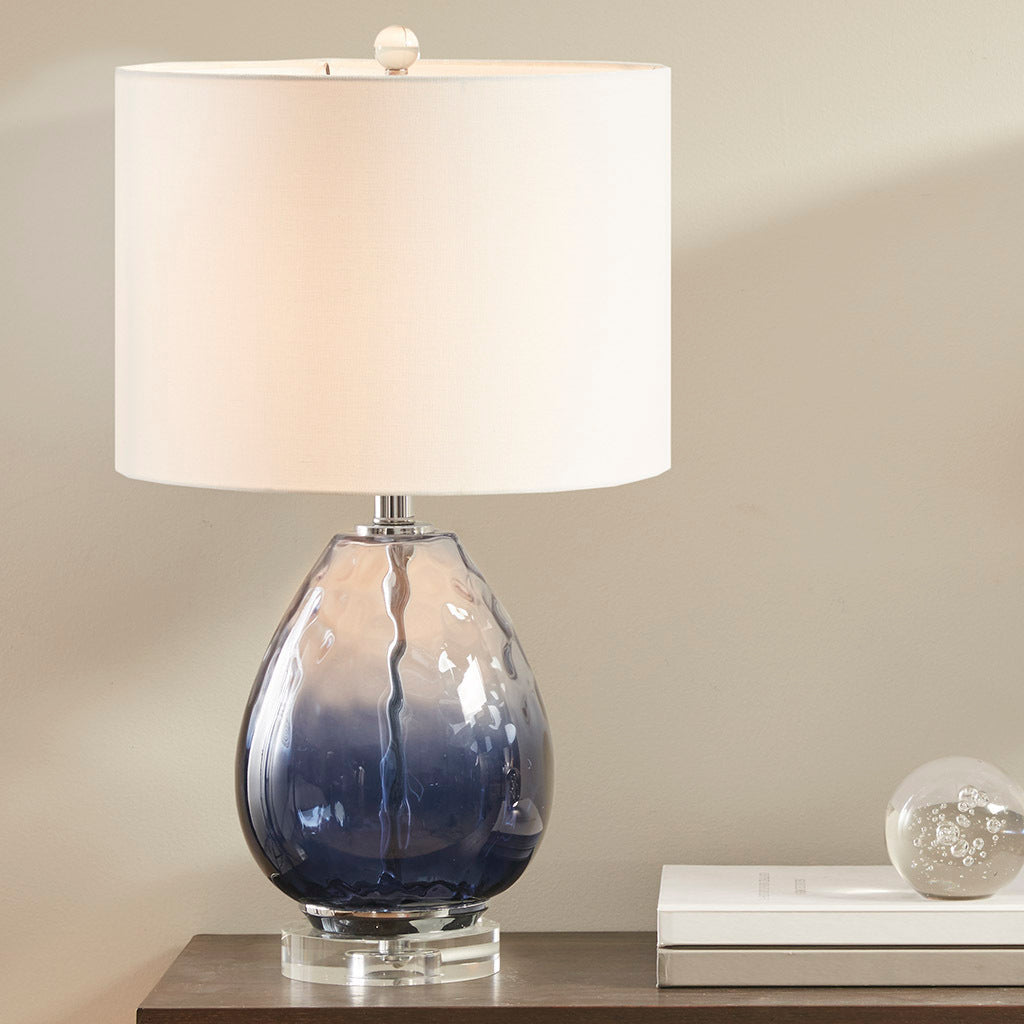 Urban Habitat Borel Ombre Glass Table Lamp with Cream Drum Shade – Elegant Blue Hue and Plated Silver Base for Living Room and Bedroom