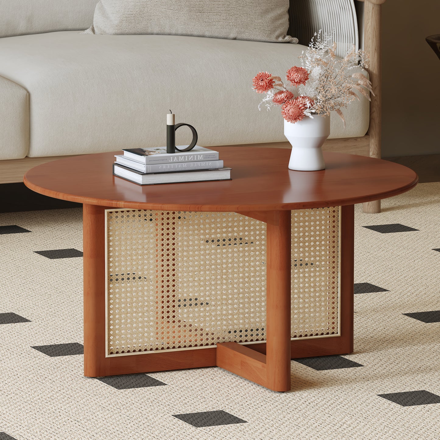 Elegant Deep Red Wooden Coffee Table with Artificial Rattan Decorations Ideal for Living Rooms and Relaxing Tea Time