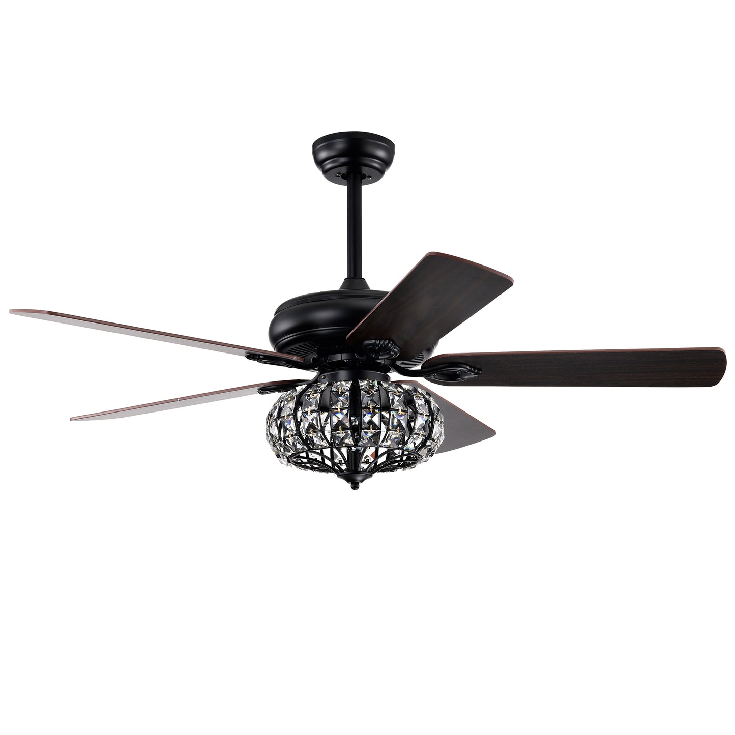 Elegant 52" Ceiling Fan Lamp - Crystal Shade, Remote Control, 3 Speeds, and 5 Reversible Blades - Matte Black