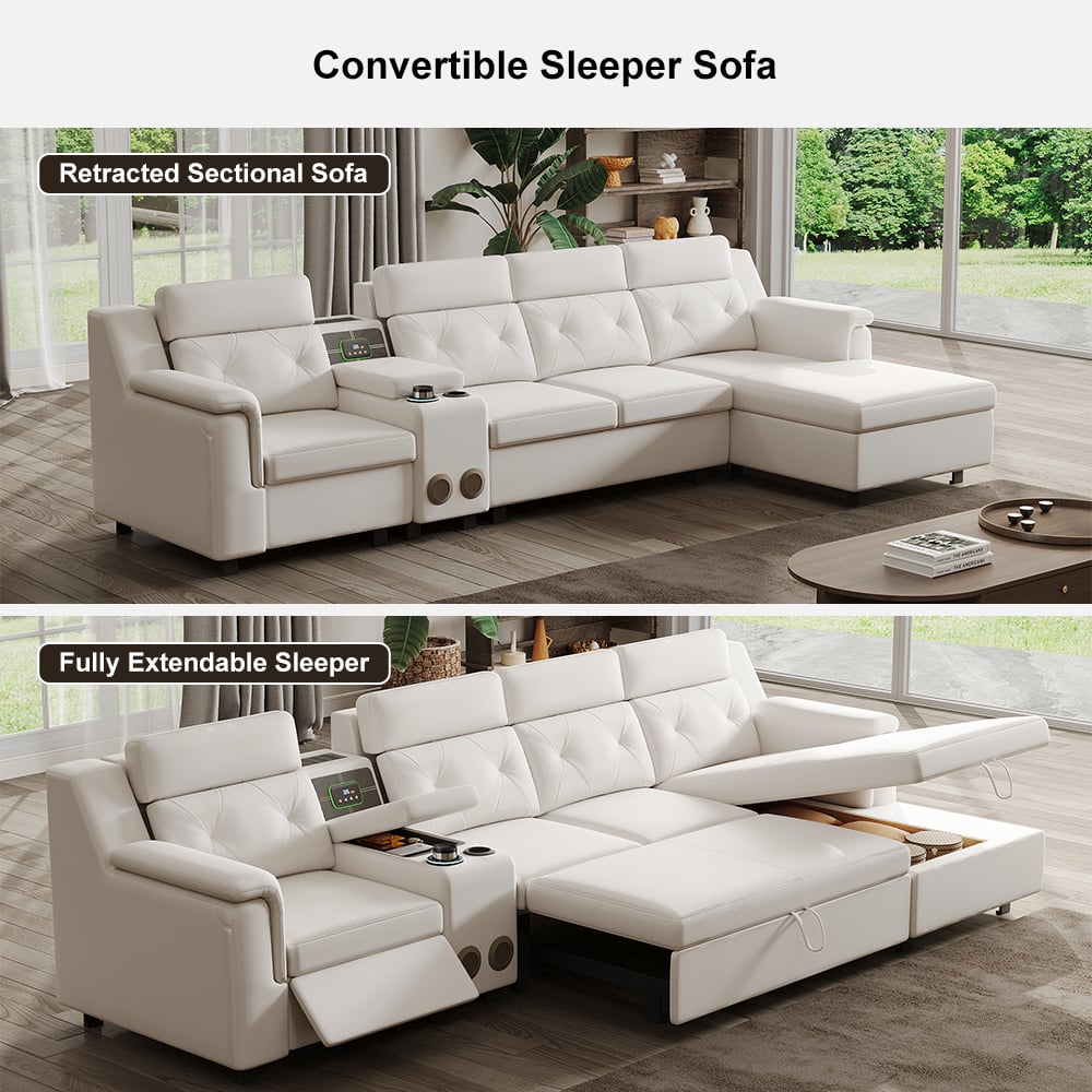 134.6" White Power Reclining Sectional Sofa Pull Out Bed Cup Holder & Speaker & Storage