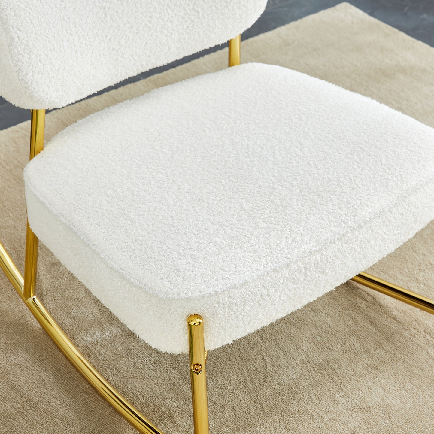 Comfortable Teddy Velvet Rocking Chair with White Backrest & Golden Metal Legs