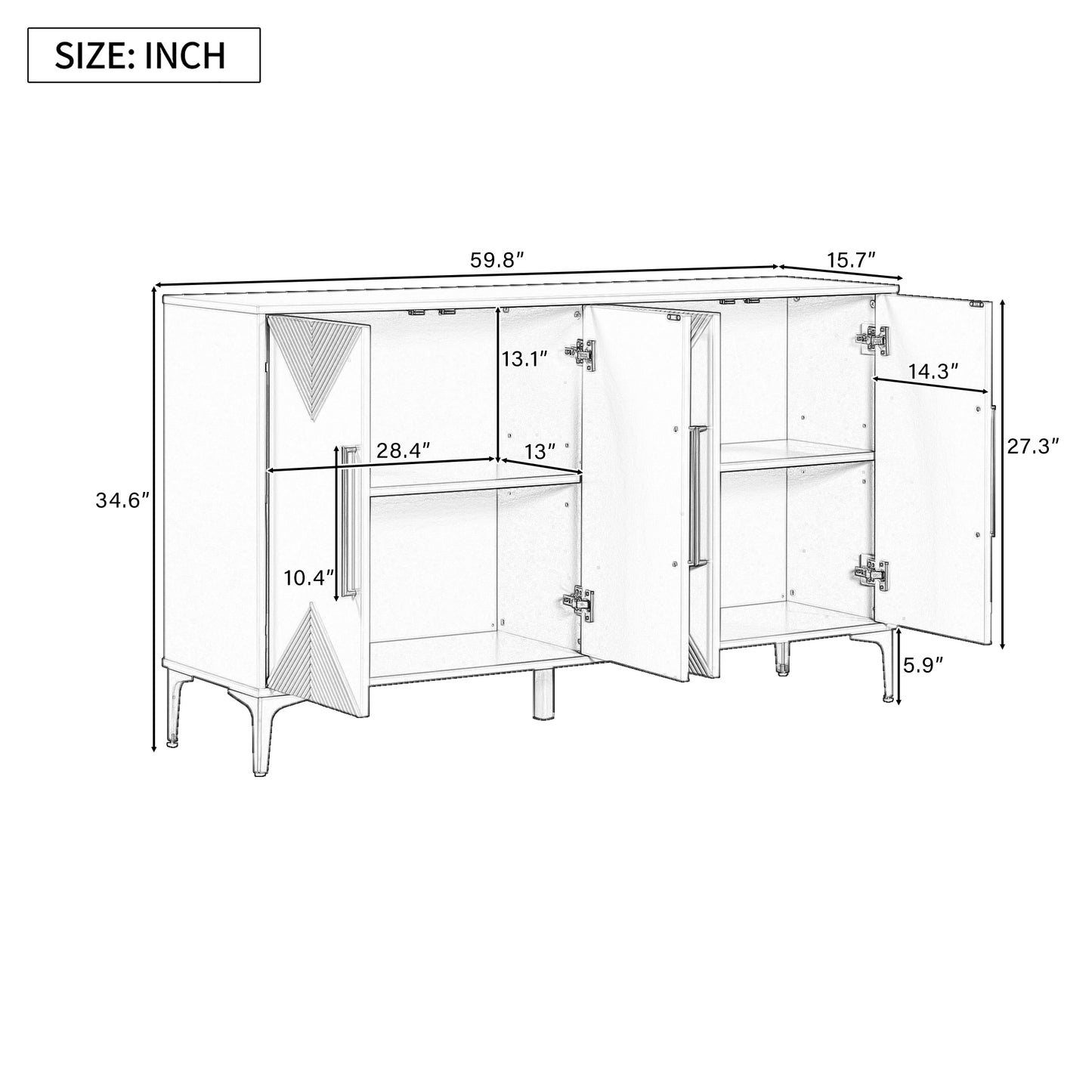 Unique Features of a Four-Door Cabinet with Two-Tone Triangular Pattern Doors, Suitable For Entryway, Hallway, Living Room