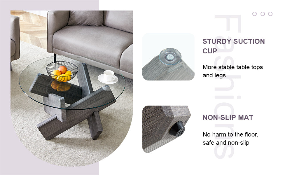 Contemporary Round Coffee Table with Tempered Glass Top - 33.4" Design, Suitable for Living and Dining Areas