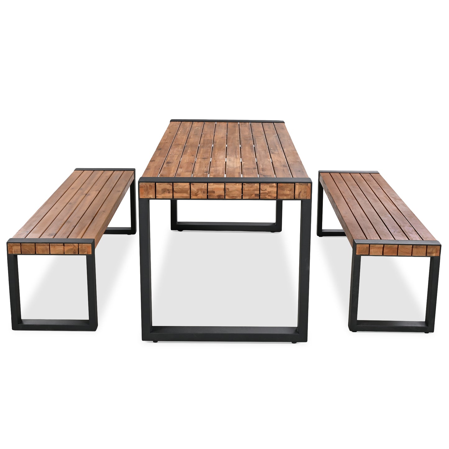 3-Piece Outdoor Dining Set: Acacia Wood Table & 2 Benches with Unique Texture, Durable Steel Frame for All-Weather Use