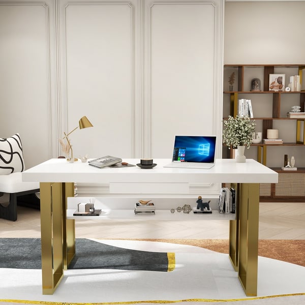 Modern White & Gold Rectangular Computer Desk with Drawer & Storage Shelf