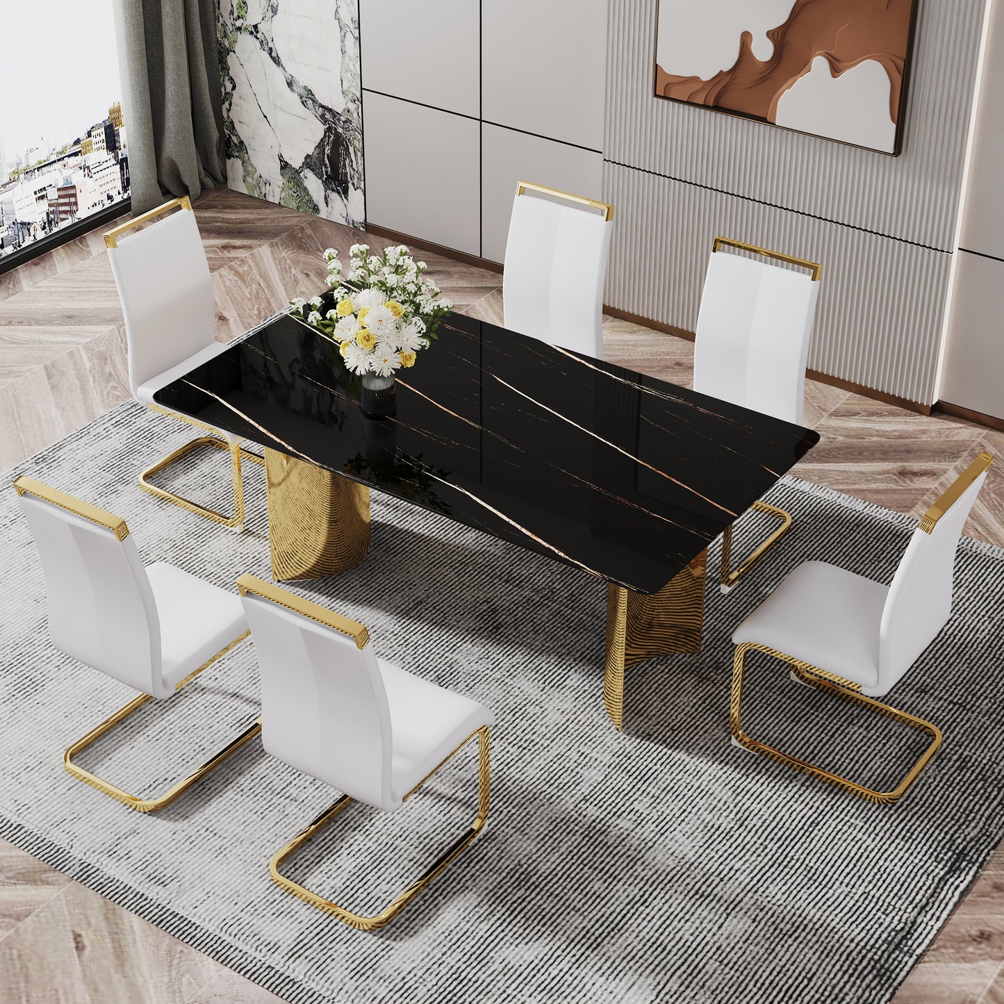 Modern minimalist dining table. The black patterned glass desktop is equipped with golden metal legs. Suitable for restaurants and living rooms  71" *39.3" *29.5"  DT-69