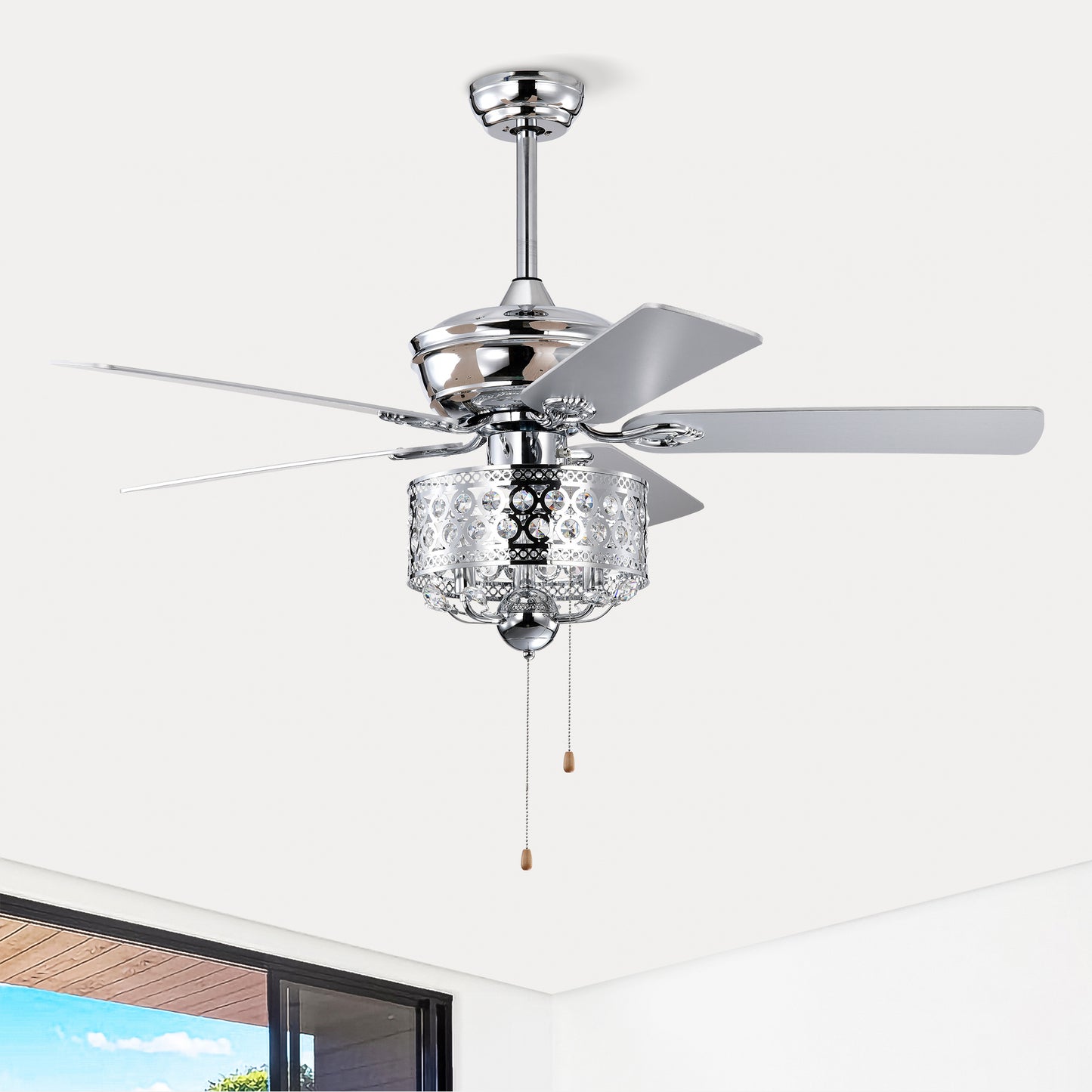 Chrome 52" Ceiling Fan with Reversible Motor - Indoor Use, Pull Chain Control (No Light Bulb)