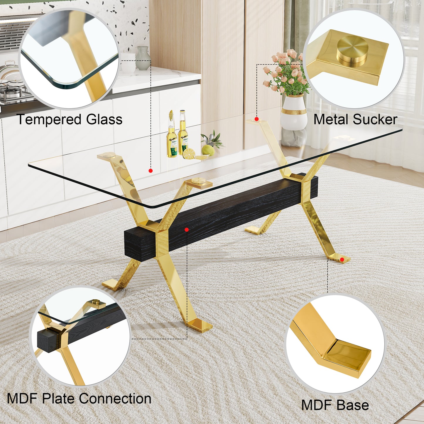 Dining table. Modern tempered glass dining table. Large modern office desk with gold metal legs and MDF crossbars, suitable for home and office use. Kitchen .71 ''x35.4''x30 '' 1105