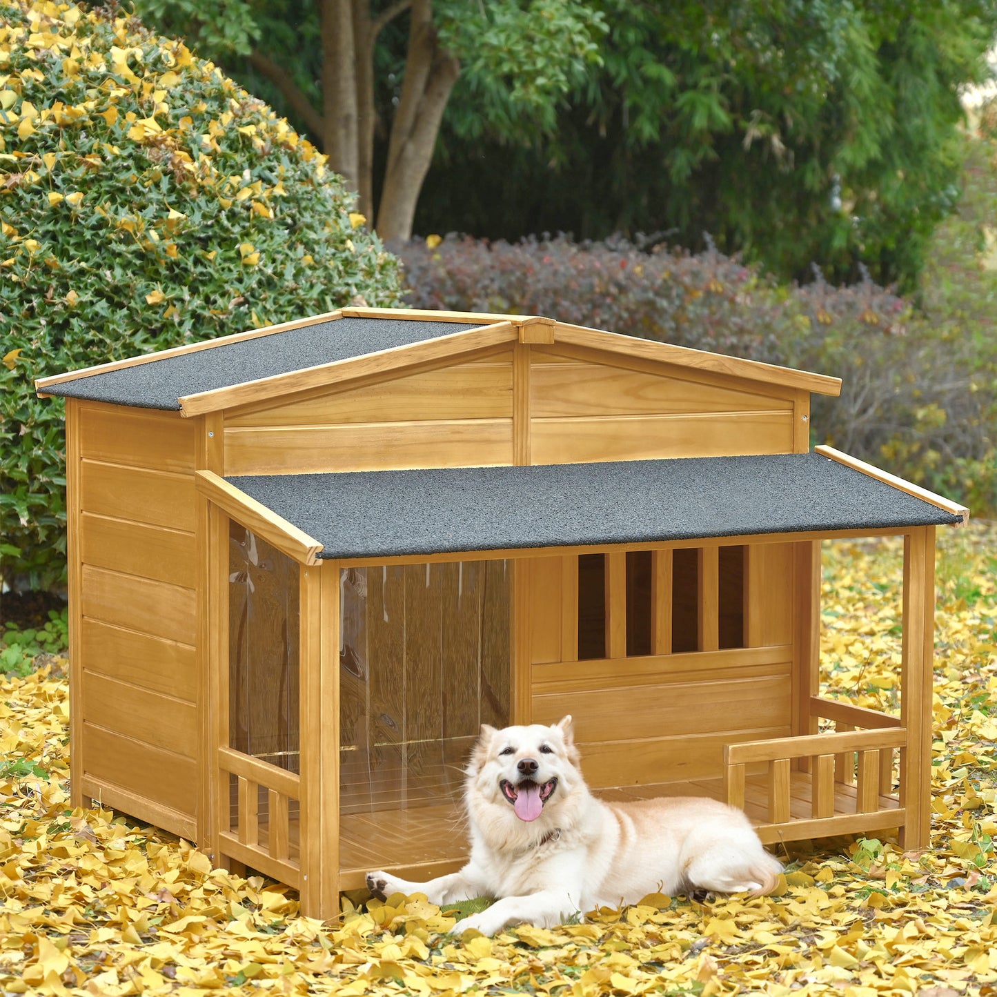 GO Niche pour chien en bois de 47,2 po, cage pour chien extérieure et intérieure, chenil pour animaux de compagnie avec porche, bois massif, résistant aux intempéries, moyen, nature