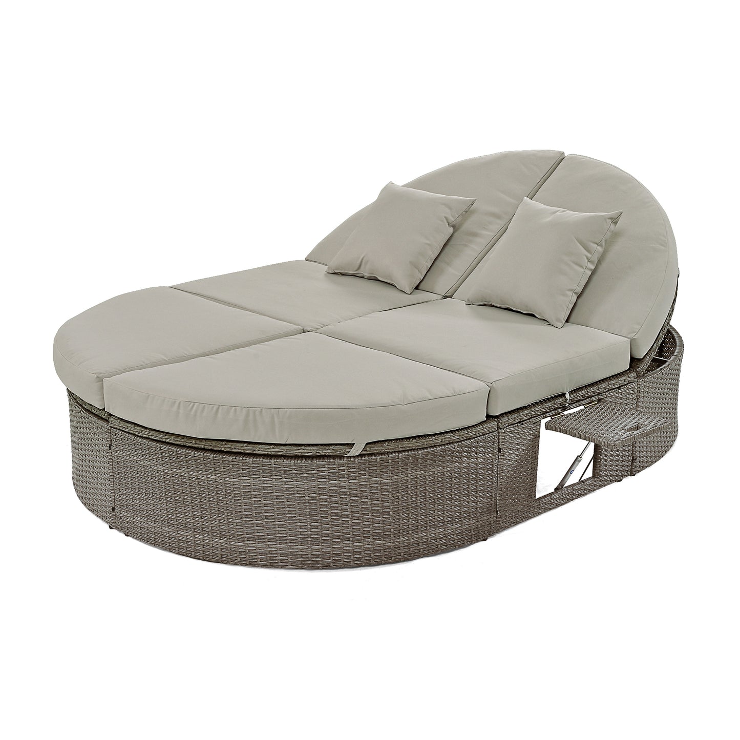 TOPMAX Lit de bronzage d'extérieur pour 2 personnes avec coussins et oreillers, chaise longue inclinable de jardin en rotin avec dossiers réglables et plateaux à tasses pliables pour pelouse, bord de piscine, gris