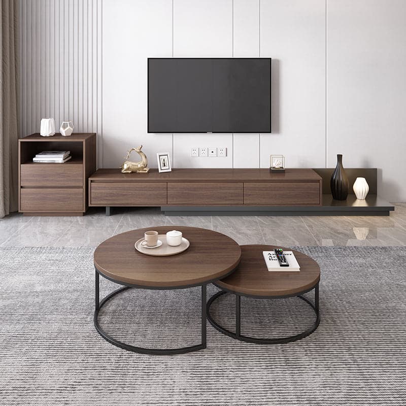 Minimalist Retracted & Extendable 3 Drawers TV Stand in Walnut and Gray Up to 120 Inch