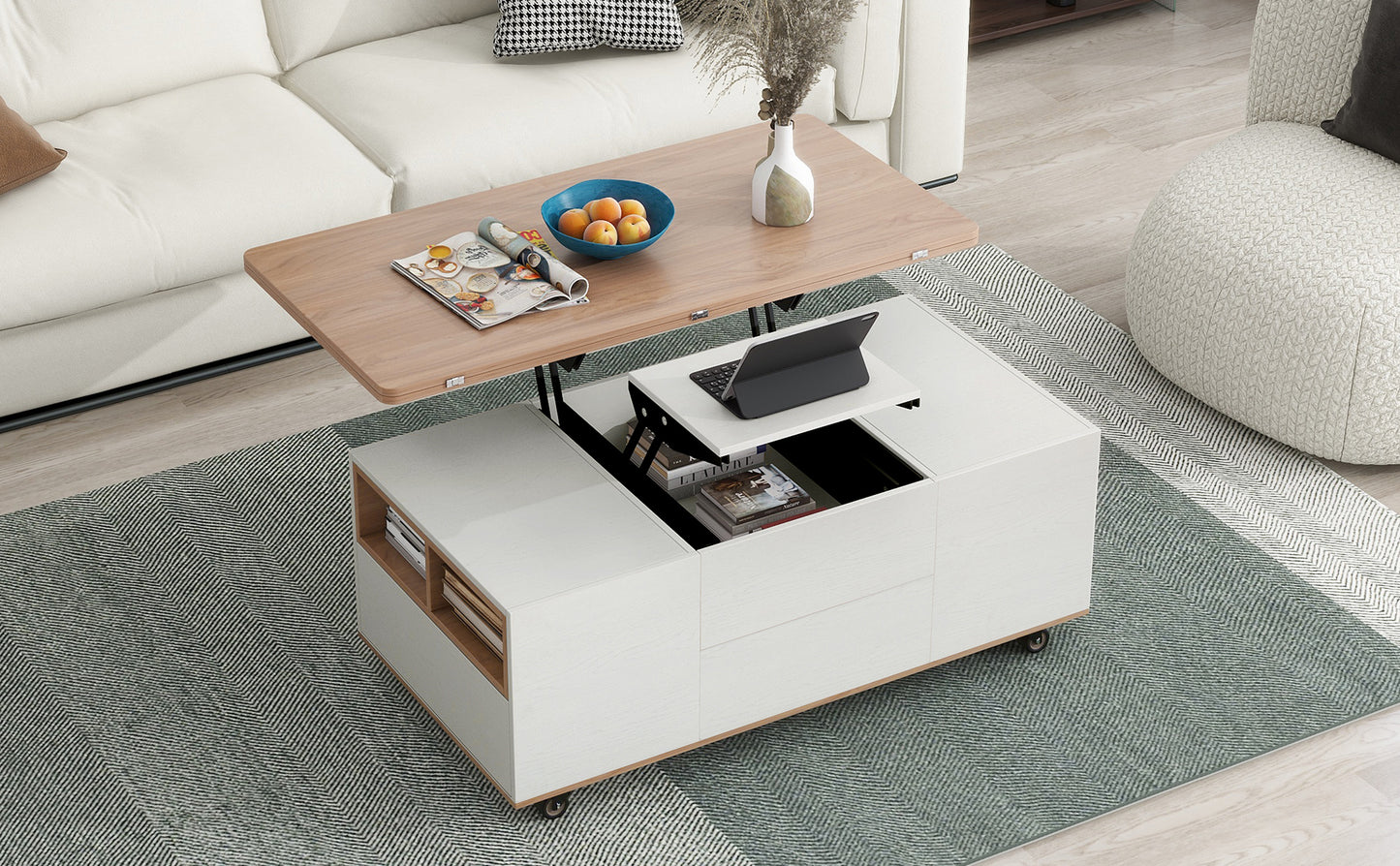 Modern Walnut & White Lift Top Coffee Table Multifunctional Table with Drawers & Shelves