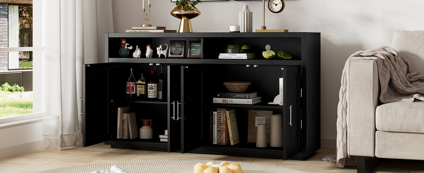 TREXM 4-door Classic Sideboard with Open Storage and Adjustable Shelves Perfect for kitchens,  living rooms (Black)