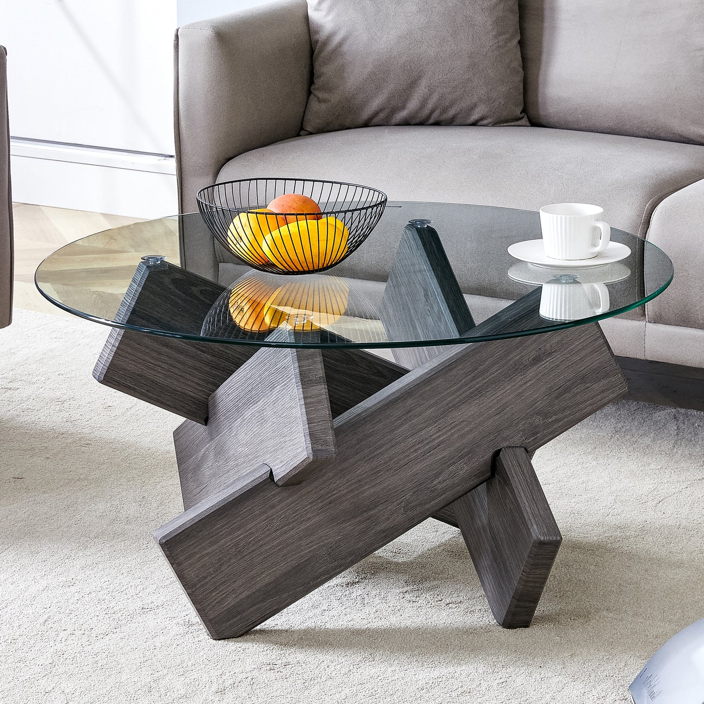 Contemporary Round Coffee Table with Tempered Glass Top - 33.4" Design, Suitable for Living and Dining Areas