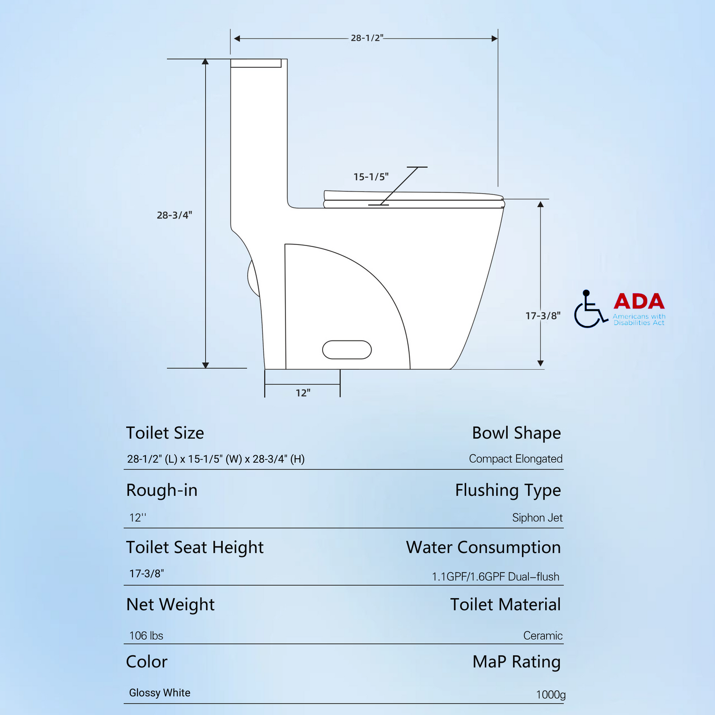 Water-Saving 1.1/1.6 GPF Dual-Flush One-Piece Toilet – Elongated Comfort Height with Soft-Close Seat