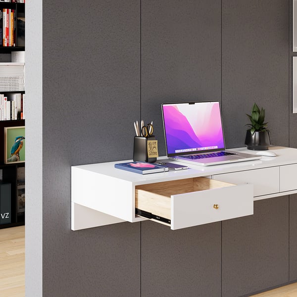 Modern White Floating Desk with Drawers Wall Mounted Desk in Pine Wood Frame