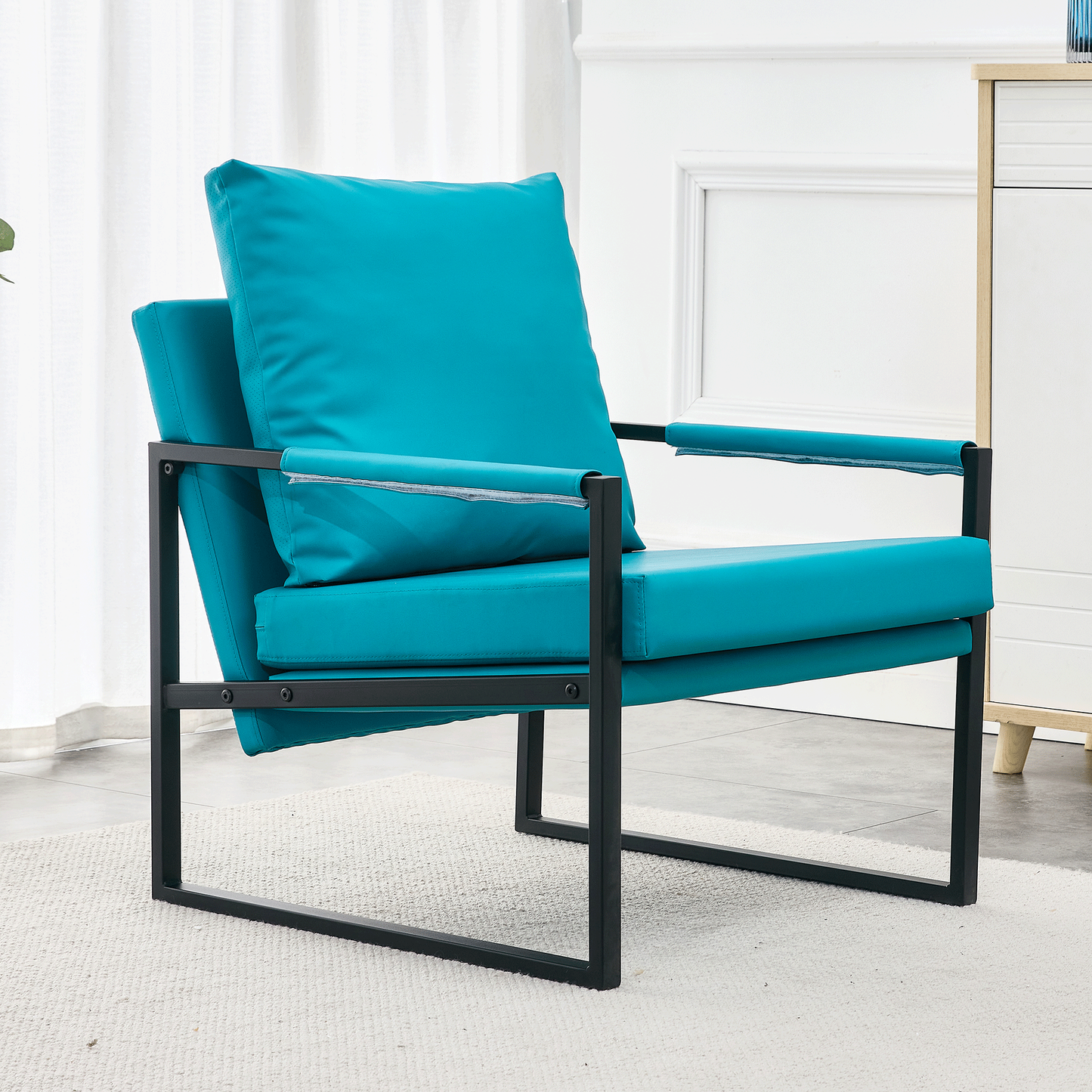 Ensemble de 2 fauteuils canapés. Fauteuil en cuir PU Fauteuil rembourré moderne médiéval avec structure en métal, dossier rembourré super épais et canapé coussin, pour salon (cuir PU cyan + métal + mousse) 008