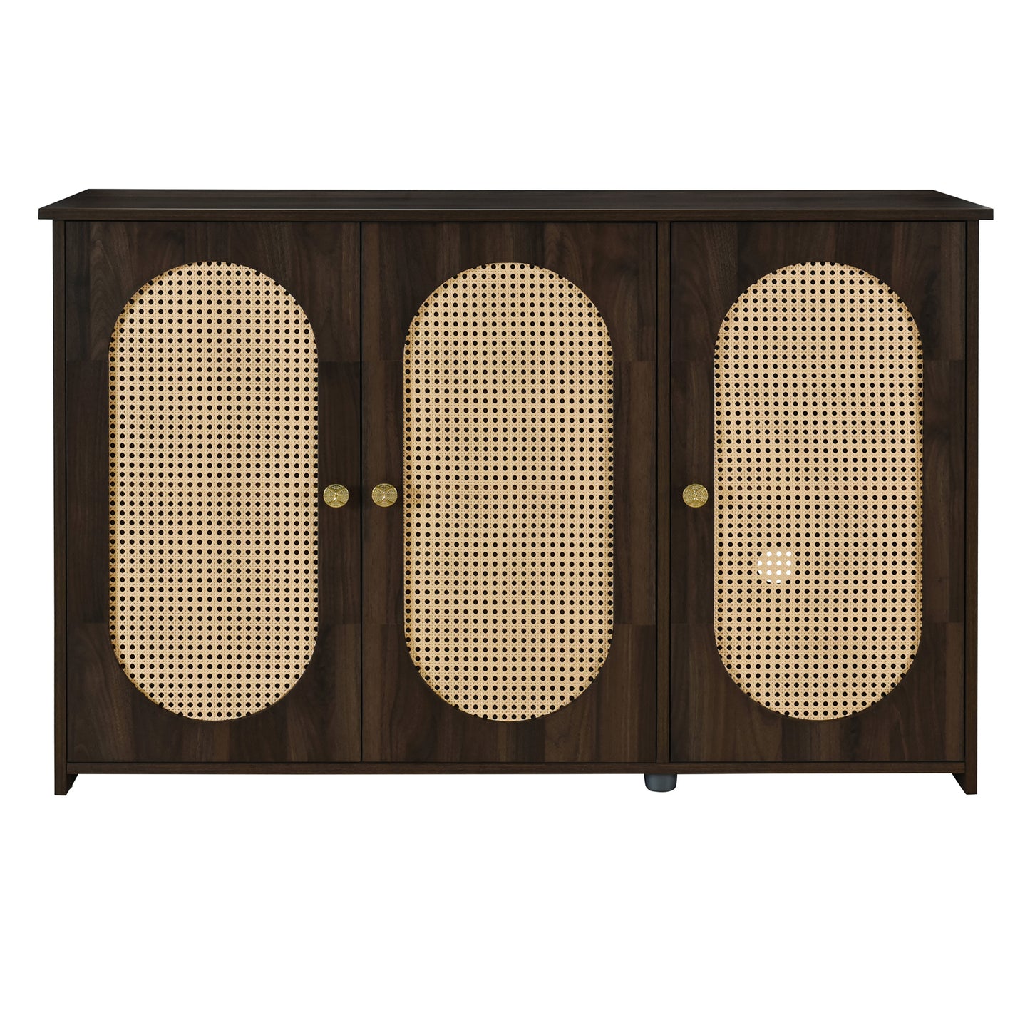 TREXM Retro 3-Door Sideboard with Large Storage Space Artificial Rattan Doors and Metal Handles, Accent Cabinet for Living Room and Hallway (Brown)