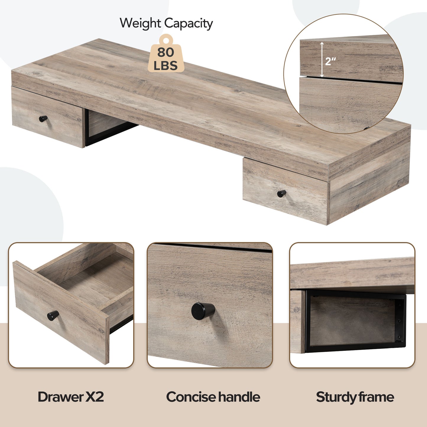 Modern Wall-Mounted Vanity Desk - 47.2" Floating Shelf with Drawers, Dressing Table and Computer Desk in Log Gray