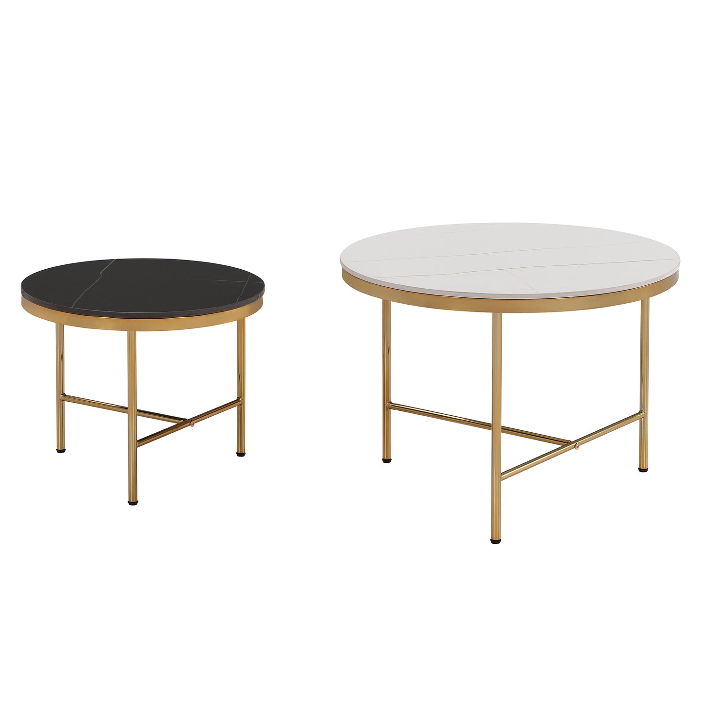 Modern Round Nesting Coffee Table Set 2-Piece Black & White Sintered Stone Top Gold Base in 23.6''&17.7''