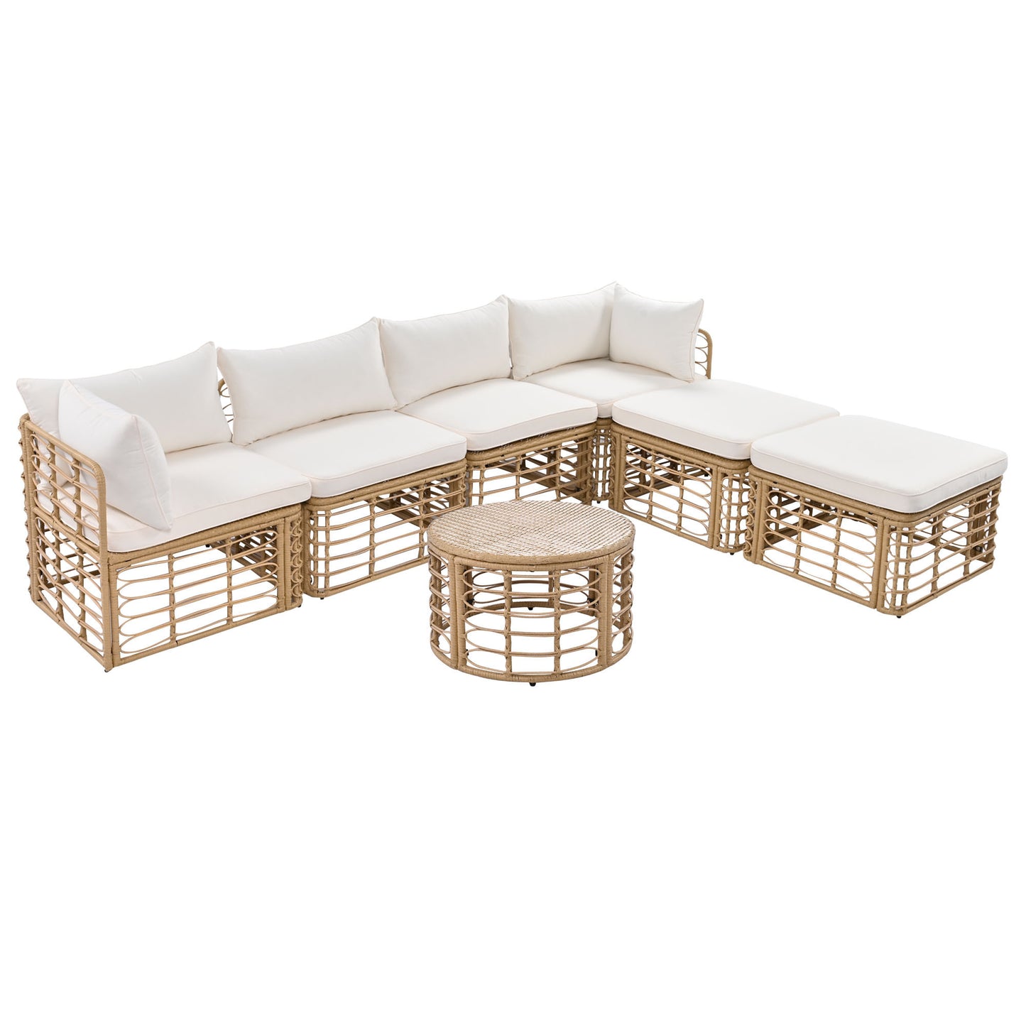 7-Piece Outdoor Patio Furniture Set: All-Weather Rattan Sectional Sofa with Thick Cushions and Pillows, Versatile Conversation Set for Garden, Backyard, and Balcony in Beige