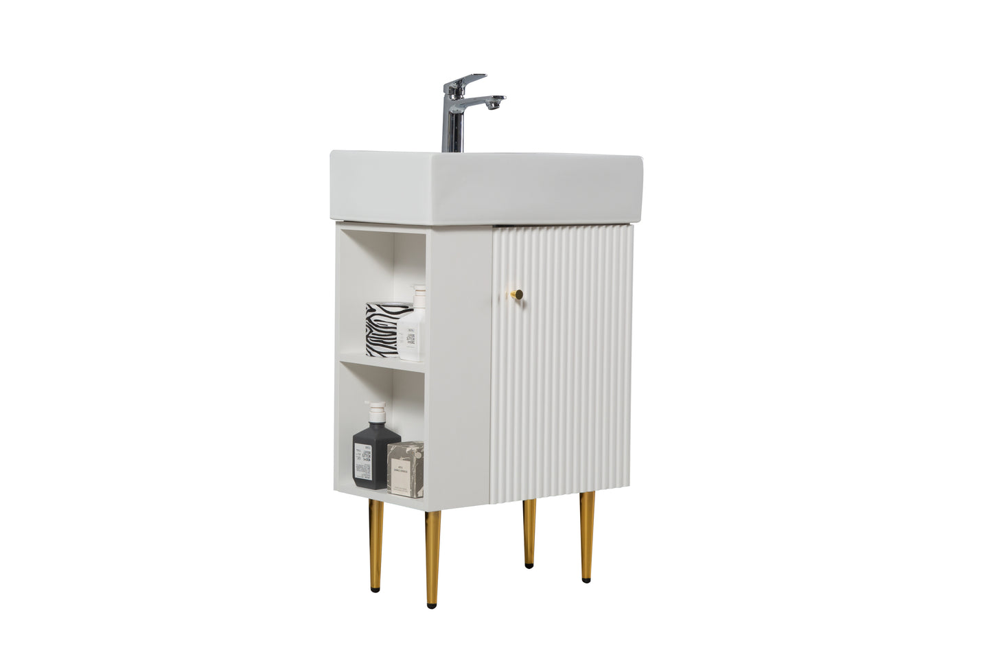 Meuble de salle de bain à étagères ouvertes de 21,6 po avec évier en céramique, armoire de rangement à étagère ouverte pour vestiaire, comptoir en céramique blanche avec porte à fermeture douce sur le côté droit, 23VB06-21WHR