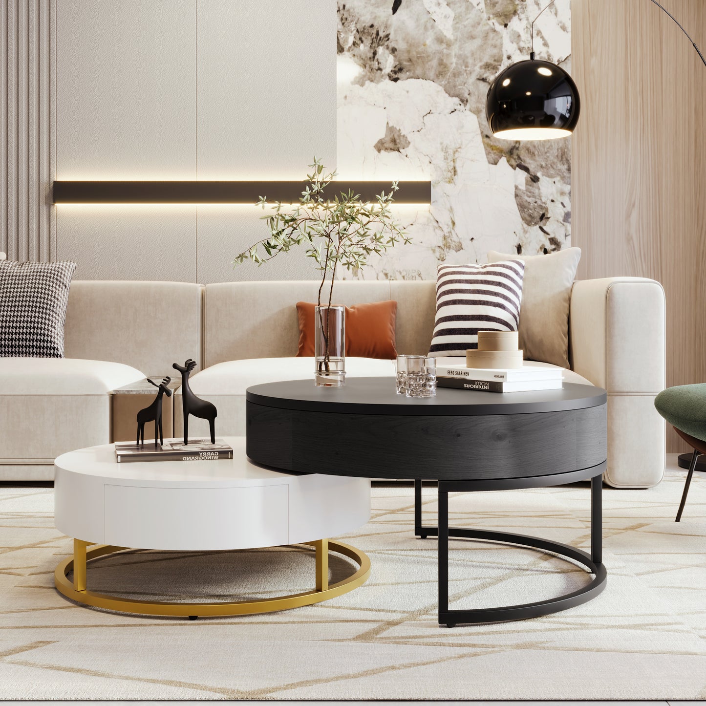 Modern Round Lift-top Nesting Coffee Tables with 2 Drawers White & Black