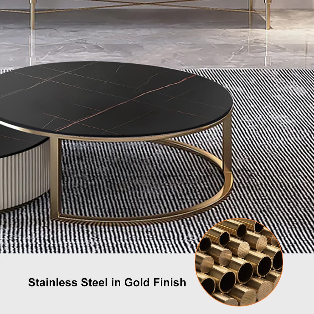 Set of 2 Round Sintered Stone Top Nesting Coffee Table with Drawer Black & Gold